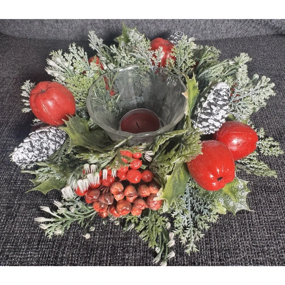 Fire King Candle Ring Plastic Christmas Pinecones Apples Holly And Berries